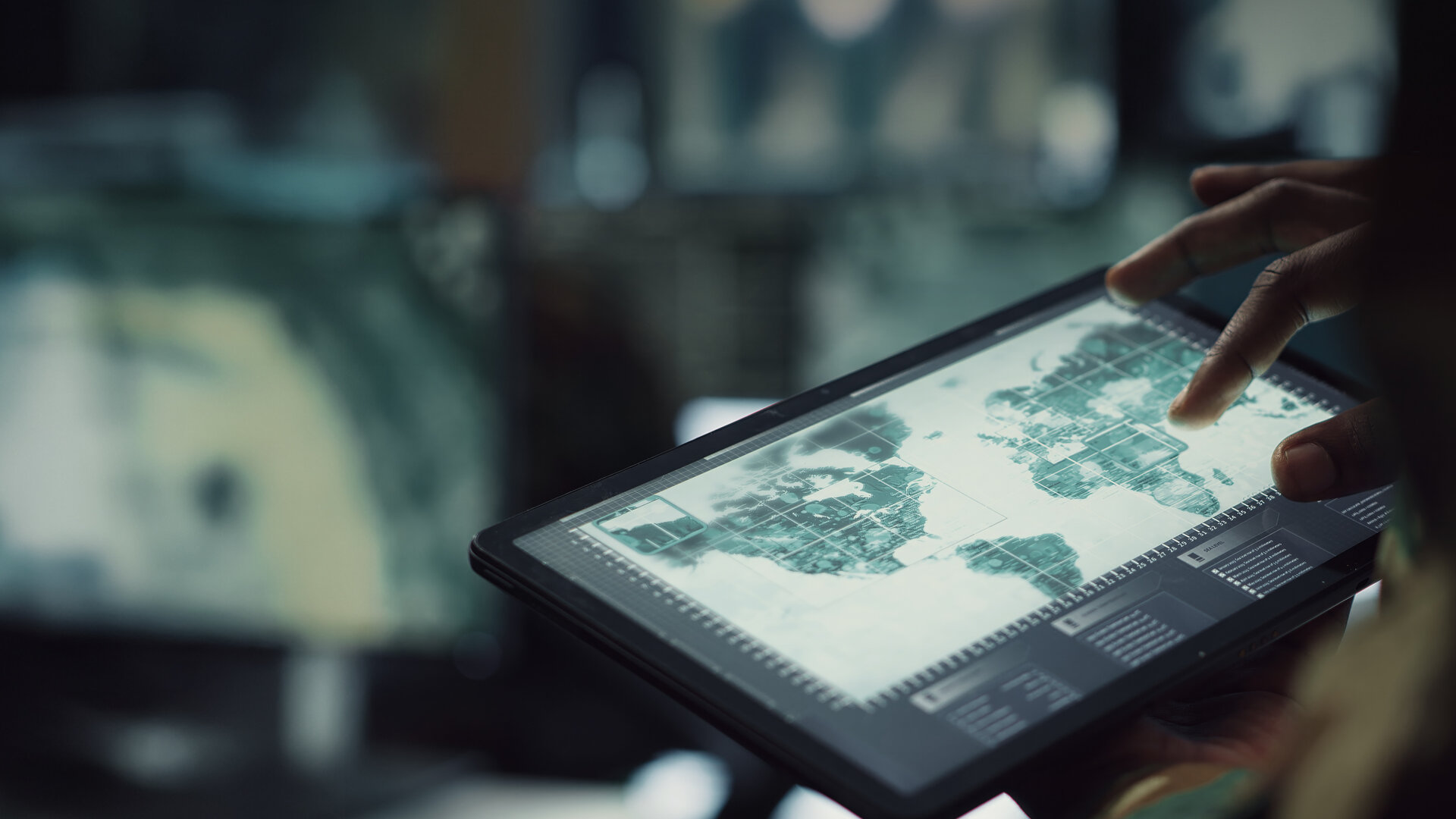 Close up of a person using a futuristic tablet with a world map on it